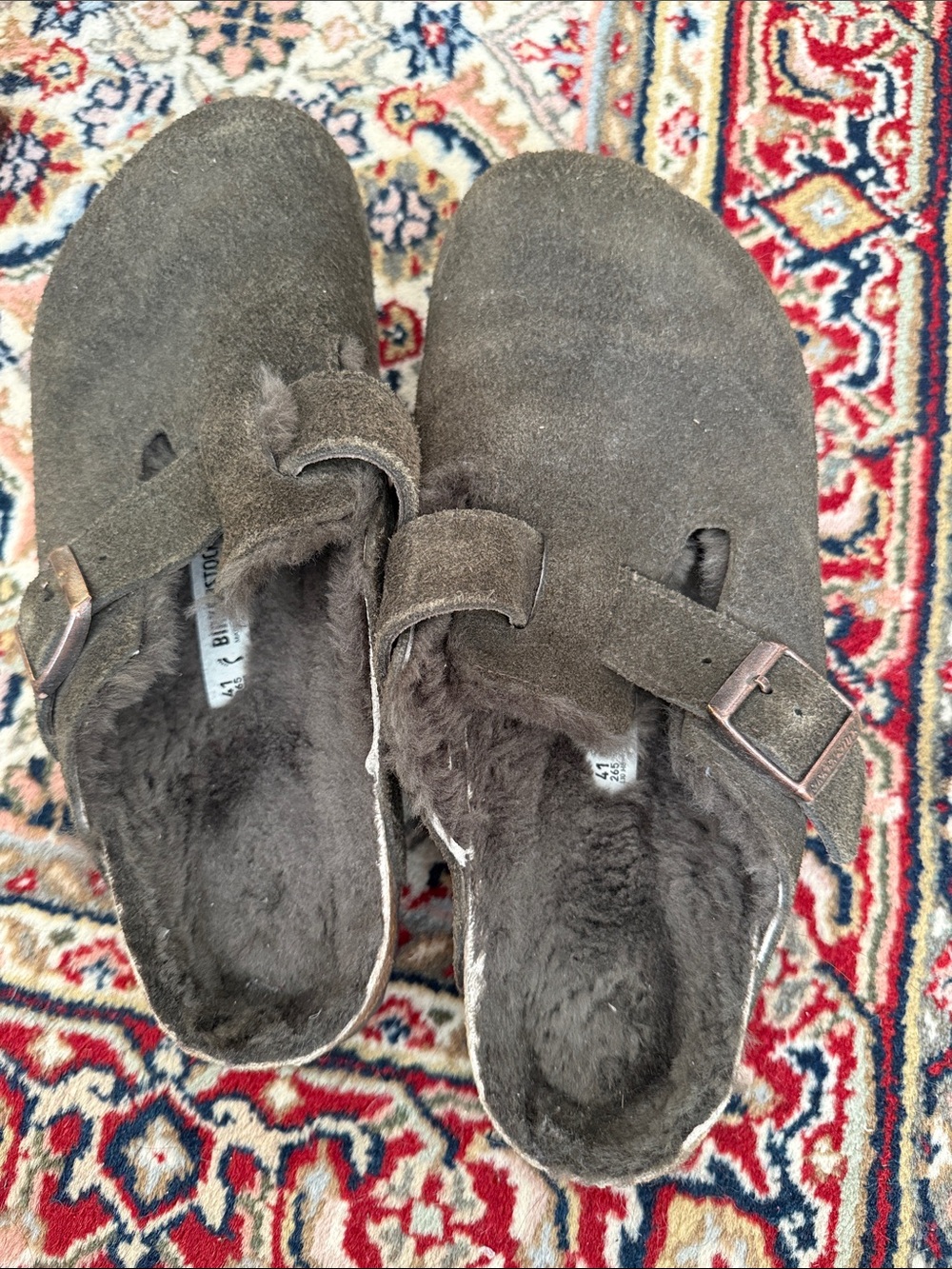 Birkenstock Brown Suede Fuzzy Lined Clogs with Buckle